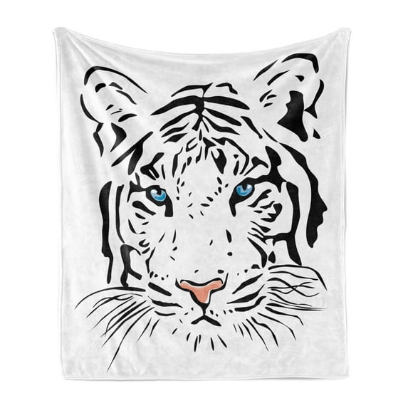 Tattoo Soft Flannel Fleece Throw Blanket, Head of Magnificent Rare White Albino Tiger with Ocean Blue Eyes Image, Cozy Plush for Indoor and Outdoor Use, 60" x 80", White Black and Blue, by Ambesonne