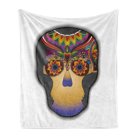 Tattoo Soft Flannel Fleece Throw Blanket, Hippie Happy Dead Flower Skull with Its Colorful Designes Burts Flowers Artwork, Cozy Plush for Indoor and Outdoor Use, 60" x 80", Multicolor, by Ambesonne
