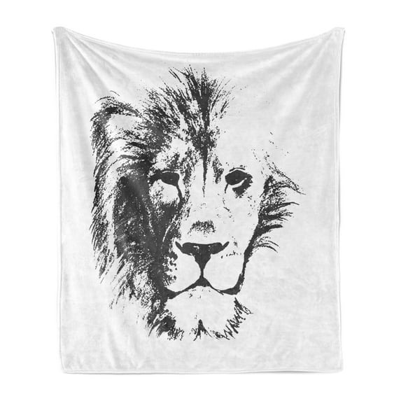 Tattoo Soft Flannel Fleece Throw Blanket, King of Jungle Pencil Drawing Handmade Majestic Lion Head Image Print, Cozy Plush for Indoor and Outdoor Use, 70" x 90", Grey and White, by Ambesonne