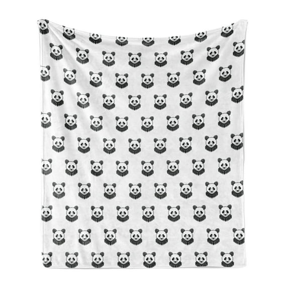 Tattoo Soft Flannel Fleece Throw Blanket, Panda Bear Portraits Mascots Pattern for Children in Black and White, Cozy Plush for Indoor and Outdoor Use, 60" x 80", Black White, by Ambesonne