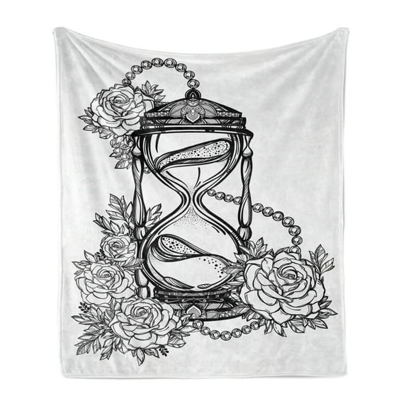 Tattoo Soft Flannel Fleece Throw Blanket, Pencil Drawing Romantic Theme Hourglass of Eternal Love with Roses Print, Cozy Plush for Indoor and Outdoor Use, 50" x 60", Black and White, by Ambesonne