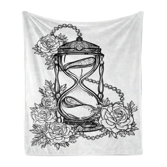 Tattoo Soft Flannel Fleece Throw Blanket, Pencil Drawing Romantic Theme Hourglass of Eternal Love with Roses Print, Cozy Plush for Indoor and Outdoor Use, 60" x 80", Black and White, by Ambesonne
