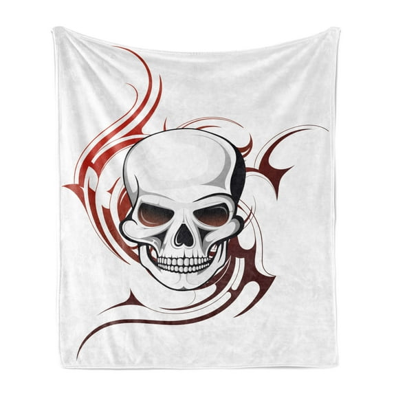 Tattoo Soft Flannel Fleece Throw Blanket, Scary Fierce and Wild Skull with Tribal Tattoo Image Design Print Illustration, Cozy Plush for Indoor and Outdoor Use, 70" x 90", White and Red, by Ambesonne