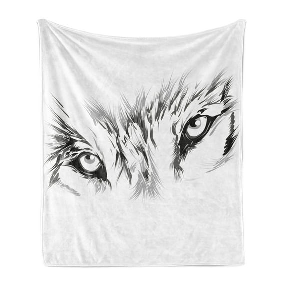 Tattoo Soft Flannel Fleece Throw Blanket, Winter Time Animal Wolf Its Eyes Looking Straight and Fierce Art, Cozy Plush for Indoor and Outdoor Use, 50" x 60", White and Black, by Ambesonne