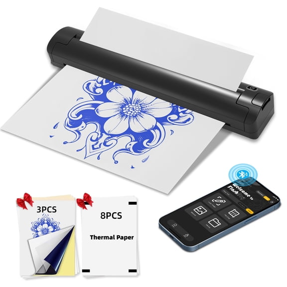 DODOXCX T11 Wireless Thermal Printer for Travel Inkless Bluetooth Mini Printer for Android/iOS/PC, Supports US Letter & A4, Portable Home Printer (with 3Pcs Tattoo Paper & 8 Folded Thermal Paper)