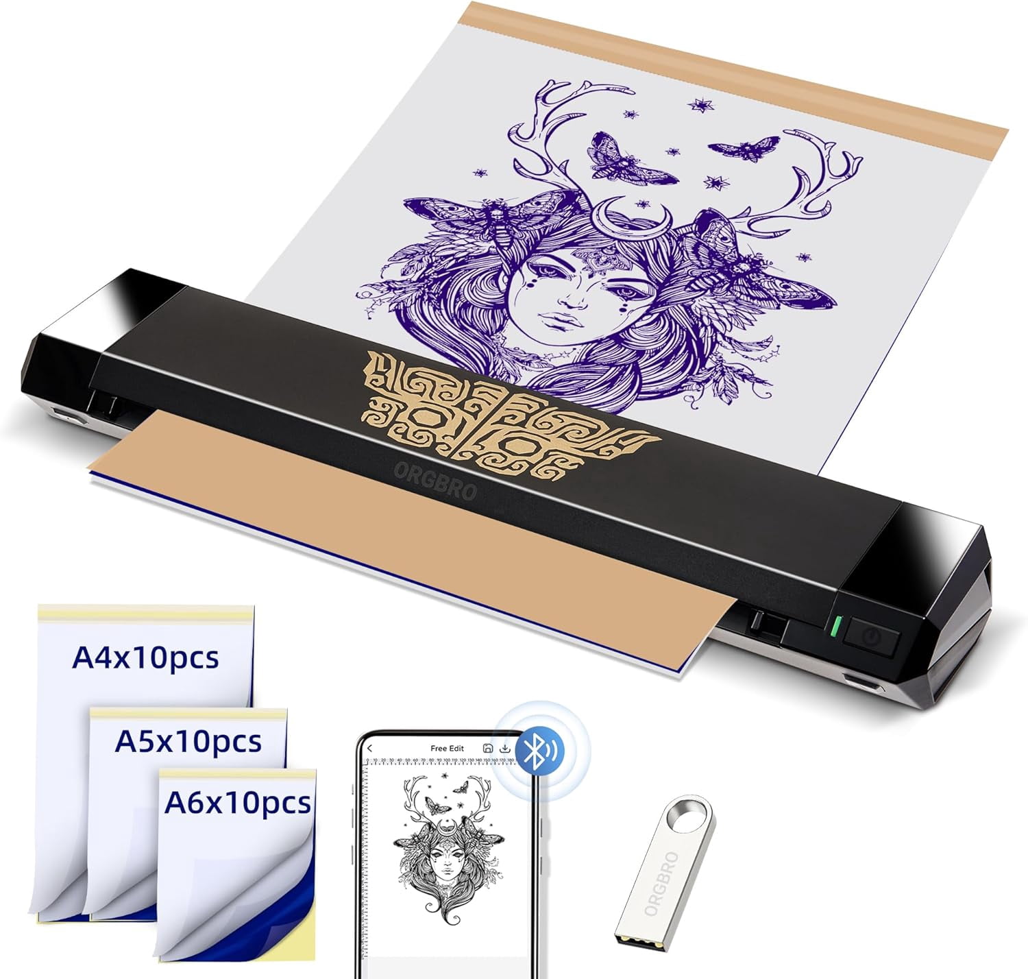 Tattoo Stencil Printer, X8 Thermal Tattoo Transfer Printer with 30pcs Transfer Paper, A4/A5/A6 3-in-1 Wireless Tattoo Machine for Tattoo Artists & Beginners, Compatible with Phone/Tablet/PC
