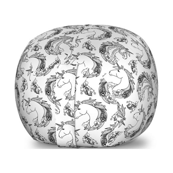 Tattoo Storage Toy Bag Chair, Fictional Animal and Orchids Unicorn Profile with Peacock Feathers on Its Mane Hair, Stuffed Animal Organizer Washable Bag, Large Size, Black White, by Ambesonne