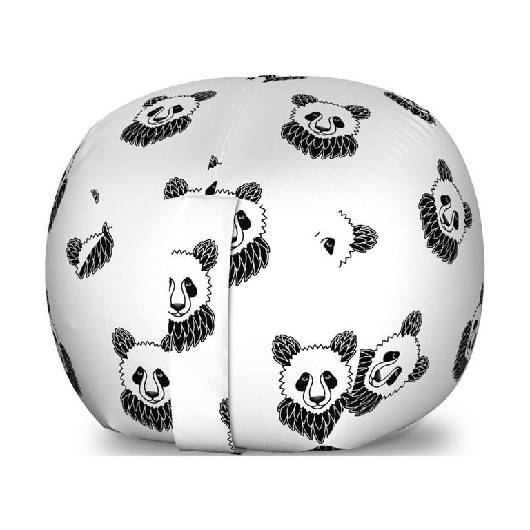 Tattoo Storage Toy Bag Chair, Panda Bear portraits Mascots Pattern for in Black and White, Stuffed Animal Organizer Washable Bag, Large size, Black