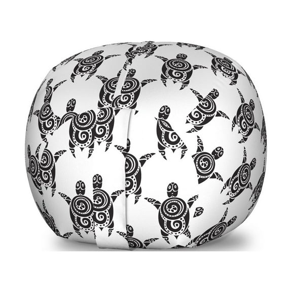 Tattoo Storage Toy Bag Chair, Pattern with Sea Turtles in Maori Style Polynesian Swirly Motifs, Stuffed Animal Organizer Washable Bag, Small Size, Black White, by Ambesonne