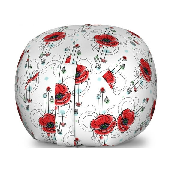 Tattoo Storage Toy Bag Chair, Red Poppy Flowers with Geometric Details Arrows and Circles Watercolor Boho Fashion, Stuffed Animal Organizer Washable Bag, Small Size, Multicolor, by Ambesonne