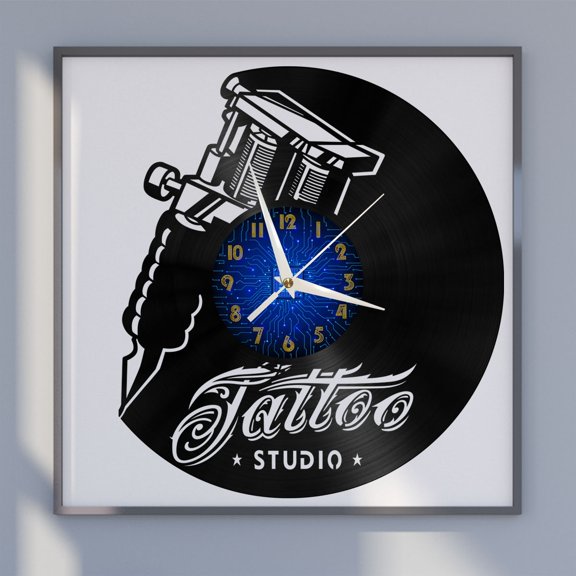 Tattoo Studio 12 Inch Vinyl Record Wall Clock - Silent, Creative, and Unique Clock for Living Room, Entryway, or Bedroom Decor - Perfect Gift Idea(12 inchs B without LED)