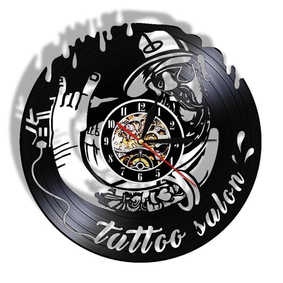 Tattoo Studio Business Sign Vintage Vinyl Record Wall Clock Tattoo Salon Inauguration Decorative Wall Clock Without LED