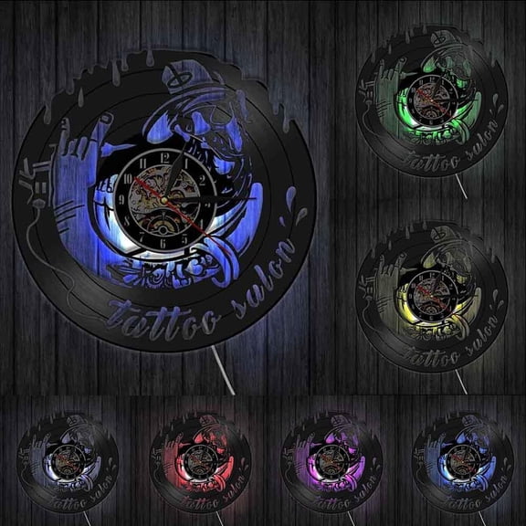 Tattoo Studio Business Sign Vintage Vinyl Record Wall Clock Tattoo Salon Inauguration Decorative Wall Clock