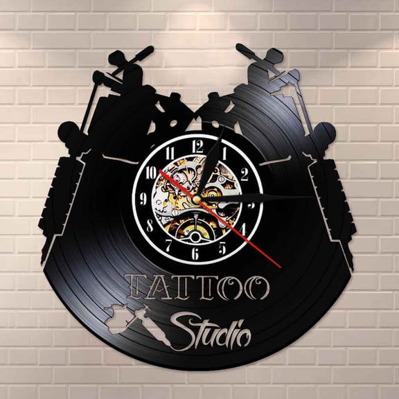 Tattoo Studio Logo Business Sign Vintage Vinyl Record Wall Clock Tattoo Salon Inauguration Decorative Wall Clock Tattooist Gift