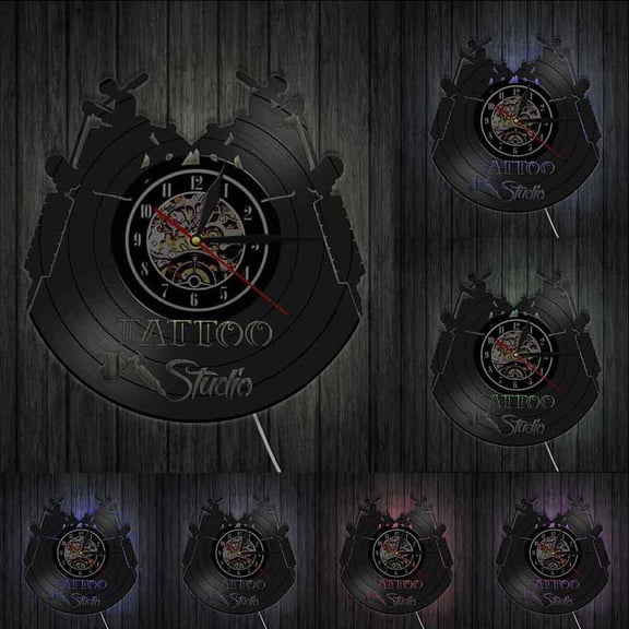 Tattoo Studio Logo Business Sign Vintage Vinyl Record Wall Clock Tattoo Salon Inauguration Decorative Wall Clock Tattooist Gift