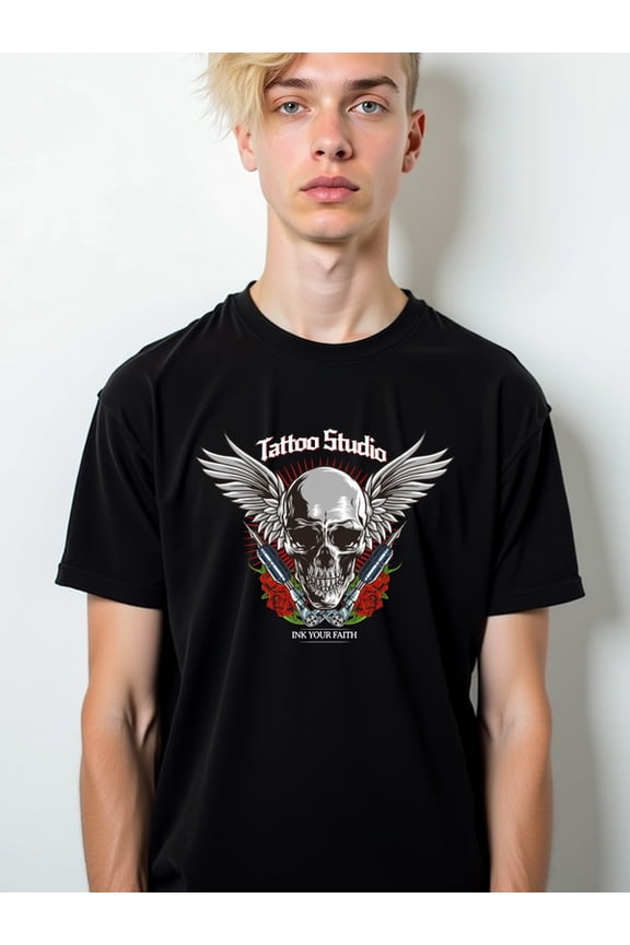 Tattoo Studio Skull Wings Tee Men's t shirt black graphic gifts Comfortable activewear, perfect for gifts Funny Unisex Shirt Graphic Tee tshirts