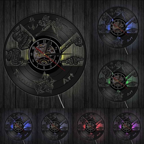 Tattoo Studio Wall Sign Tattoo Salon Vinyl Record Mute Wall Clock Watch Shop Tattoo Machine Wall Art Decor Hipster Men Gift