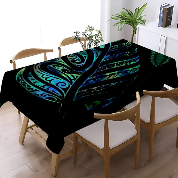 Tattoo Style Black Blue Green Tribal Graphic Print Tablecloth, Kitchen Dining Holiday Gathering Decor, Bold Bohemian Table Cover, Thanksgiving Christmas Gift