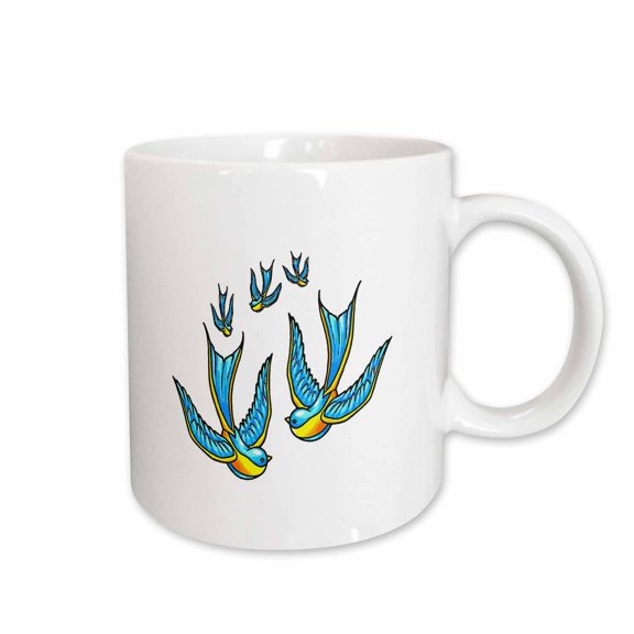 3drose, Tattoo Style Swallows in Blue and Yellow, 11oz Mug