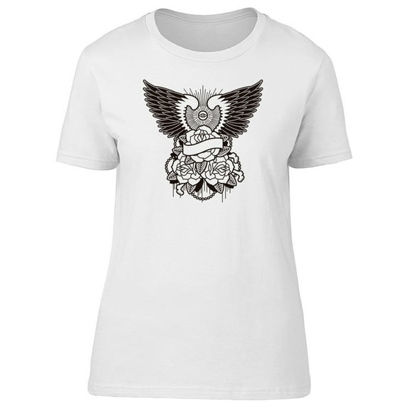 Tattoo Style Wings And Flowers T-Shirt Women -Image by Shutterstock, Female XX-Large