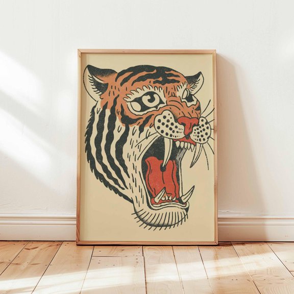 Tattoo Tiger Poster Retro Roaring Tiger Wall Art Bold Animal Illustration Print Old School