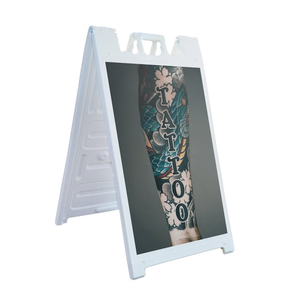 Tattoo Vertical 24" x 36" Double Sided A-Frame Sidewalk Sign Includes 2 Installed Decals Foldable Portable White Signicade Sandwich Board Professional Art Services Unique Designs