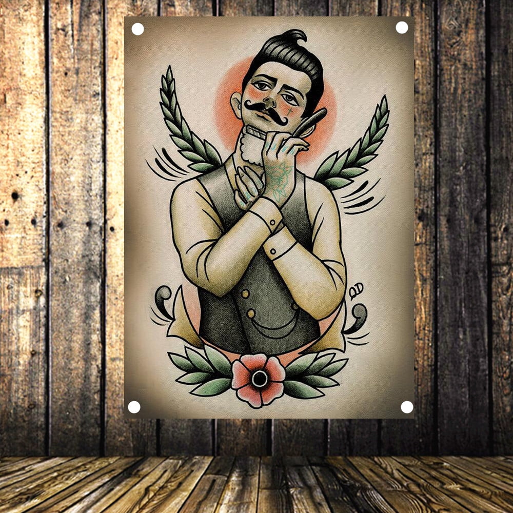 Tattoo Wall Art Picture Men's Hairstyles Poster Banner Flag Haircut \u0026 Shave  Hairdressing Ad Wall Painting Vintage Barber Shop Wall Decor 38\, image size:1000x1000