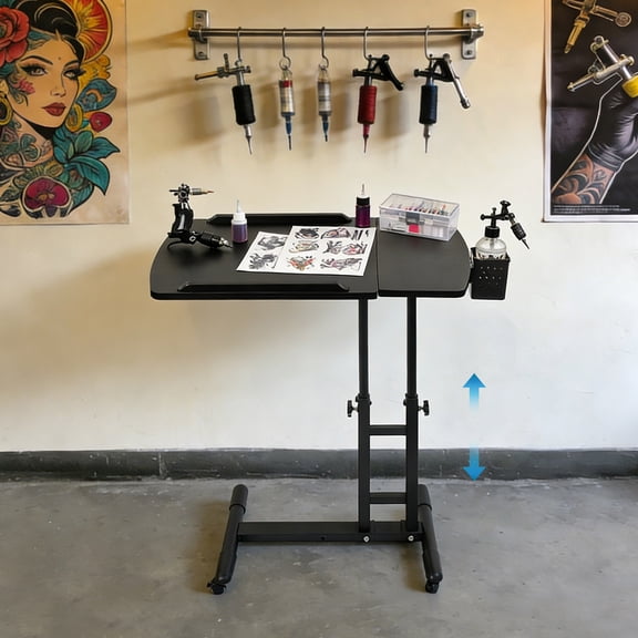 Tattoo Workbench with Wheels, 25.2x15.75in Double Mobile Tattoo Station, Height Adjustable 22.6-35.4in, I-Shaped Base Stable 27.6lbs Load Capacity, Easy Assembly for Studio Home