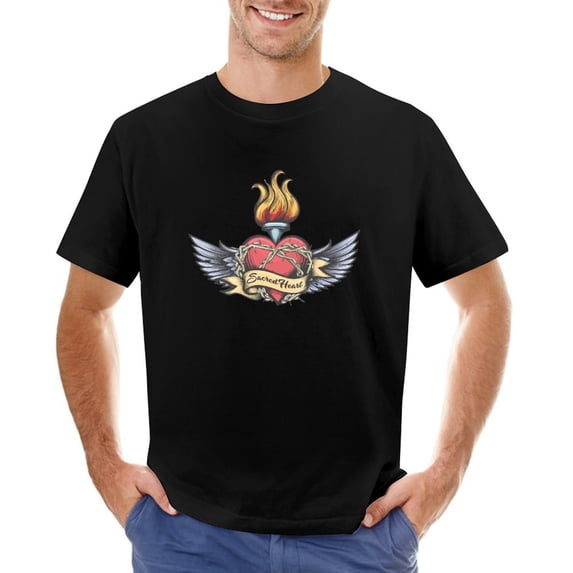 Tattoo of Winged Sacred Heart Vintage T-shirt Mens Cotton Classic Crewneck Short Sleeve Tees Unisex Black M