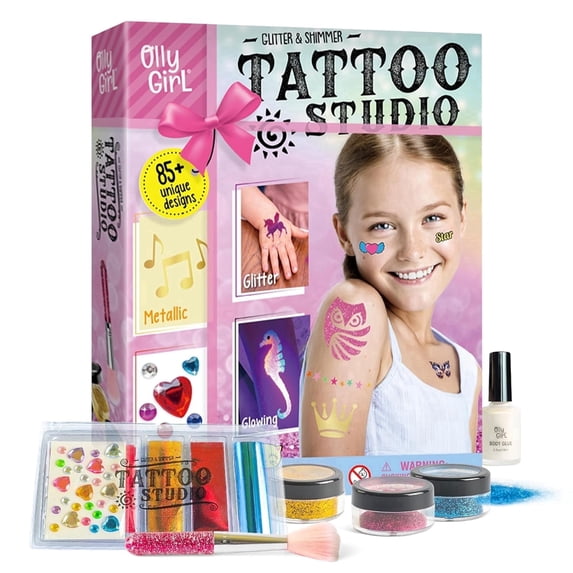 Piano Potato Glitter Tattoo Studio Kit for Girls | 2-in-1 Glitter & Metallic Temporary Set with Stencils, Washable Party Activity for Ages 6+