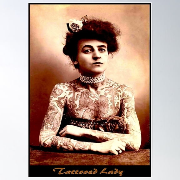 Tattooed Lady : Vintage Tattoo Photograph Print Poster Wall Art, Modern Wall Decor For Living Room Bedroom, 8x12 UNFRAMED
