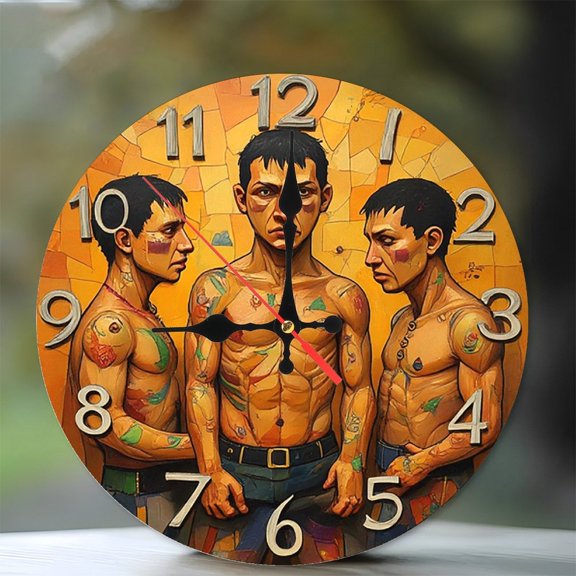 Tattooed Men Clock Wall Art Home Decor 10-Inch Silent Wooden Wall Clock, Battery Operated (AA Batteries Not Included), Artistic Home Decor
