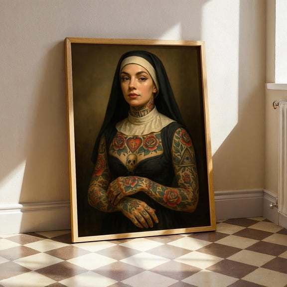 Tattooed Nun Neo-Traditional Tattoo Artwork Edgy Inked Woman Dark Feminine Gothic Wall Decor, Unframed Poster