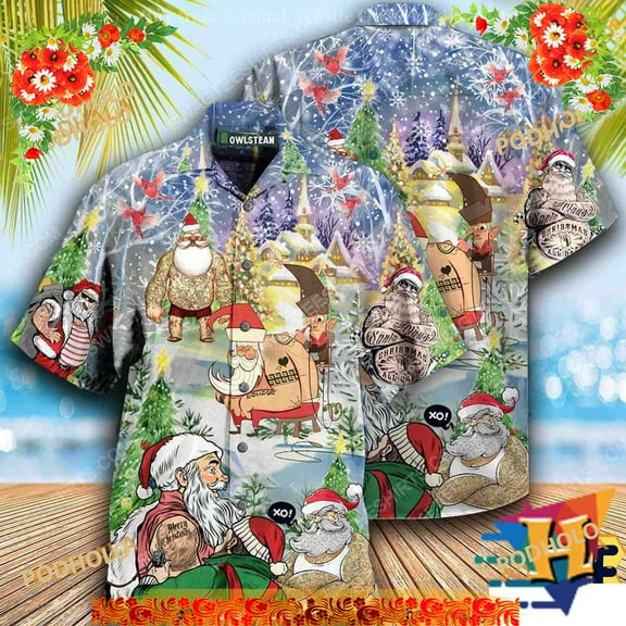 Tattooed Santa Christmas Aloha Shirt, Santa Hawaiian Shirt