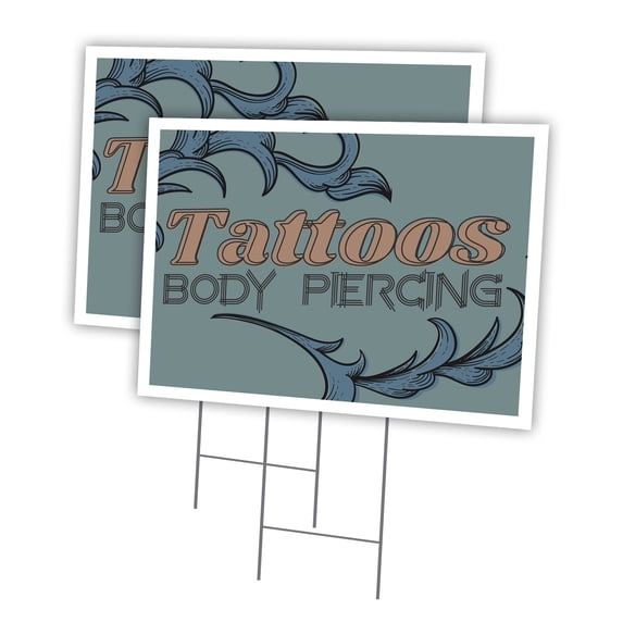 Tattoos Piercing 2 Pack Of 18" x 24" Yard Sign & Stake | Advertise Your Business | Stake Included Image On Front Only | Made in The USA