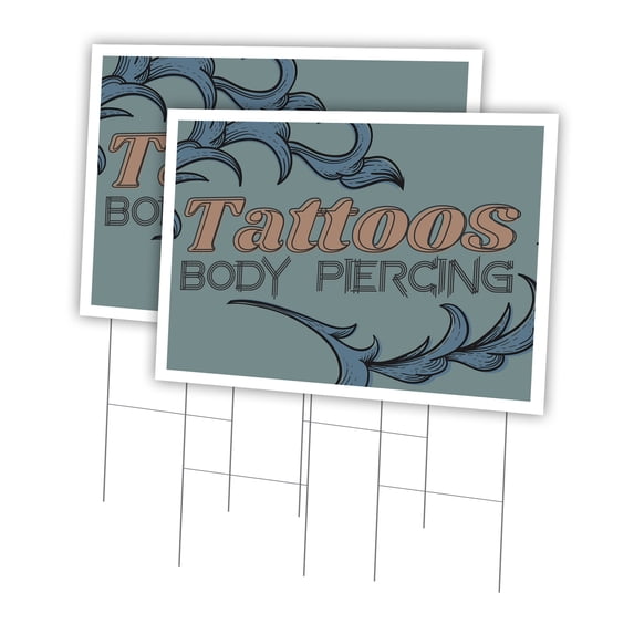 Tattoos Piercing 2 Pack Of 24" x 36" Yard Sign & Stake | Advertise Your Business | Stake Included Image On Front Only | Made in The USA