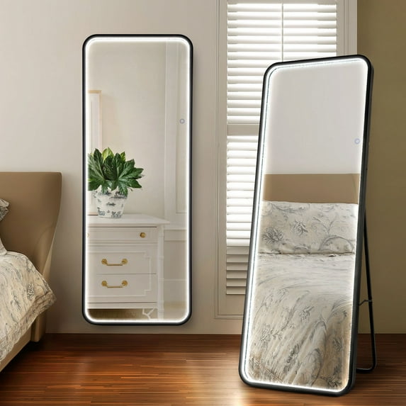 Tatum 24 in. W x 65 in. H Large Crystal Lining Rectangle Metal Framed Antifog Front-Lit Tri-Color Wall Or Floor Full-Length Mirror with Smart Touch, Black