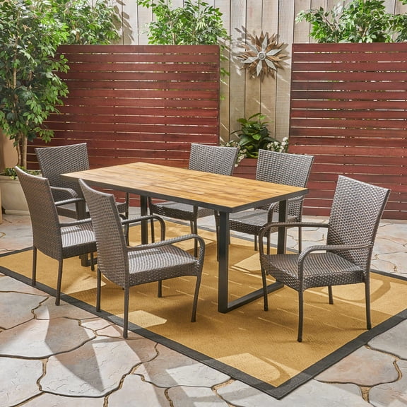 Tatum Outdoor 7 Piece Rectangular Acacia Wood and Wicker Dining Set, Multi Brown, Teak