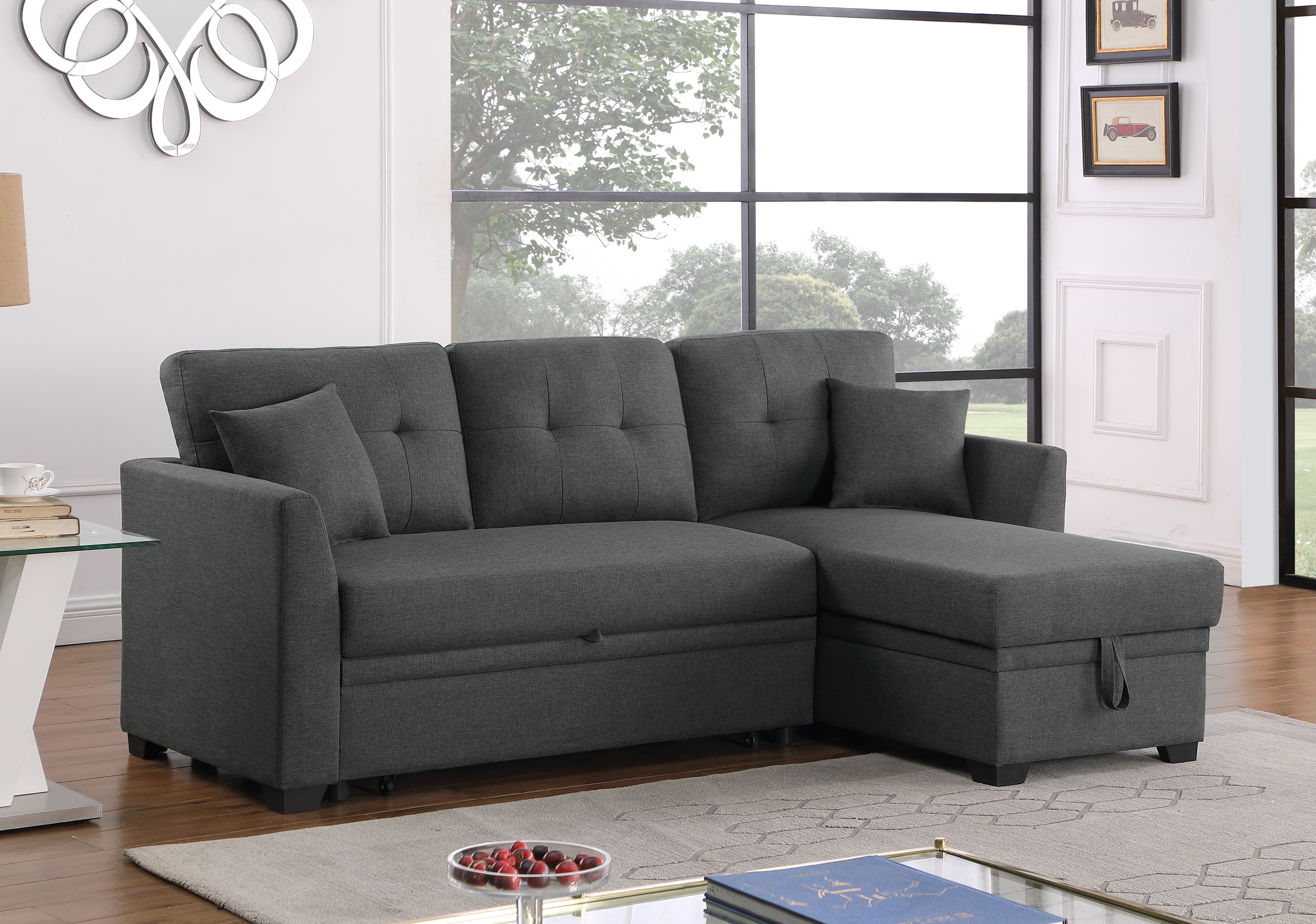 LolLov Furniture Home Living Room Bedroom Futon Solid Wood Full Sleeper Sofa Bed, Dark Gray