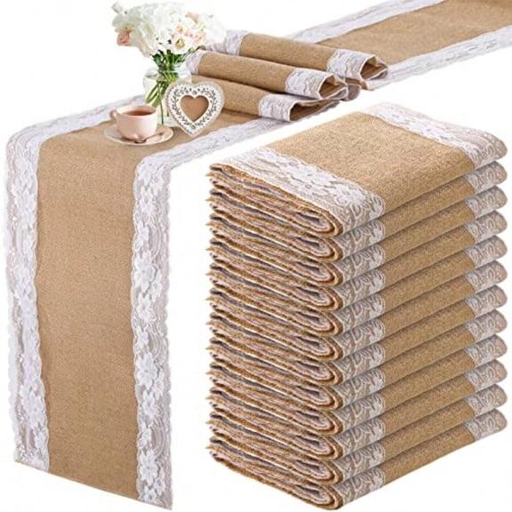 Tatuo 12 Pcs Lace Burlap Table Runner 12'' X 72'' Rustic Jute Hessian Farmhouse Country Vintage Romantic Fabric Cloth For Wedding Birthday Thanksgiving Party Elegant