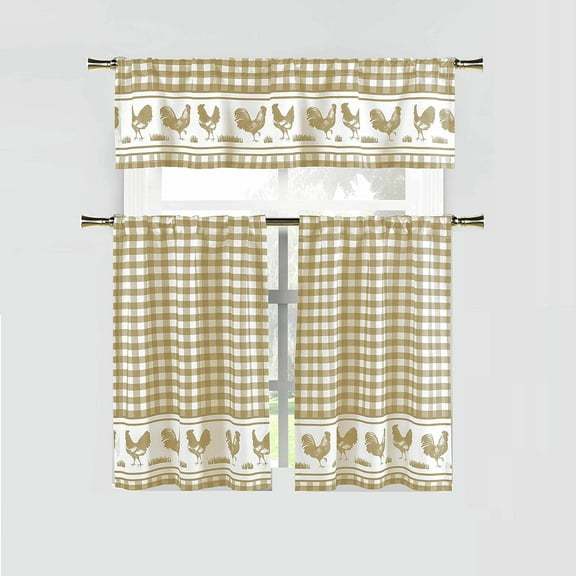 Taupe 3 Piece Window Curtain Set: Gingham Check and Rooster Design