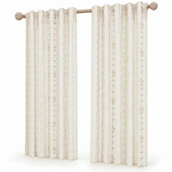 Taupe 34"W x 48"L (Pack of 2) Boho Sheer Linen Vine Pattern Window Curtains