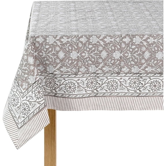 Taupe 60x60 Inches Square Indian Hand Block Floral Printed Pure Cotton Cloth Tablecloth, Farmhouse Outdoor Wedding Restaurant Party Home Spring Fall