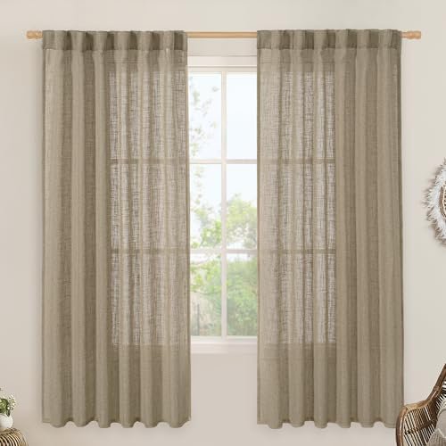 Taupe 72 inch Linen Curtains for Living Room 2 Panels, Linen Textured Light Filtering Semi Sheer Back Tab and Rod Pocket Curtain Panels for Bedroom/Farmhouse, 52 x 72 Inch