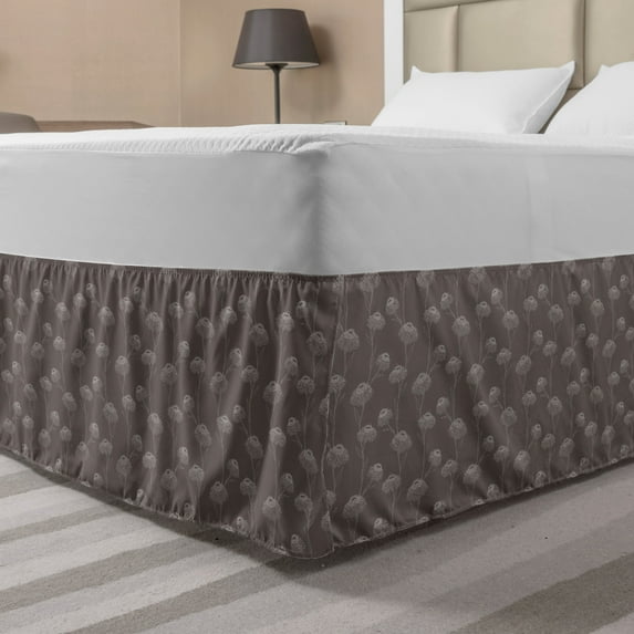 Taupe Bed Skirt, Chrysanthemum Blooms Gardening Plants Theme on Dark Background Botanical Design, Elastic Bedskirt Dust Ruffle Wrap Around for Bedding Decor, 4 Sizes, Taupe, by Ambesonne