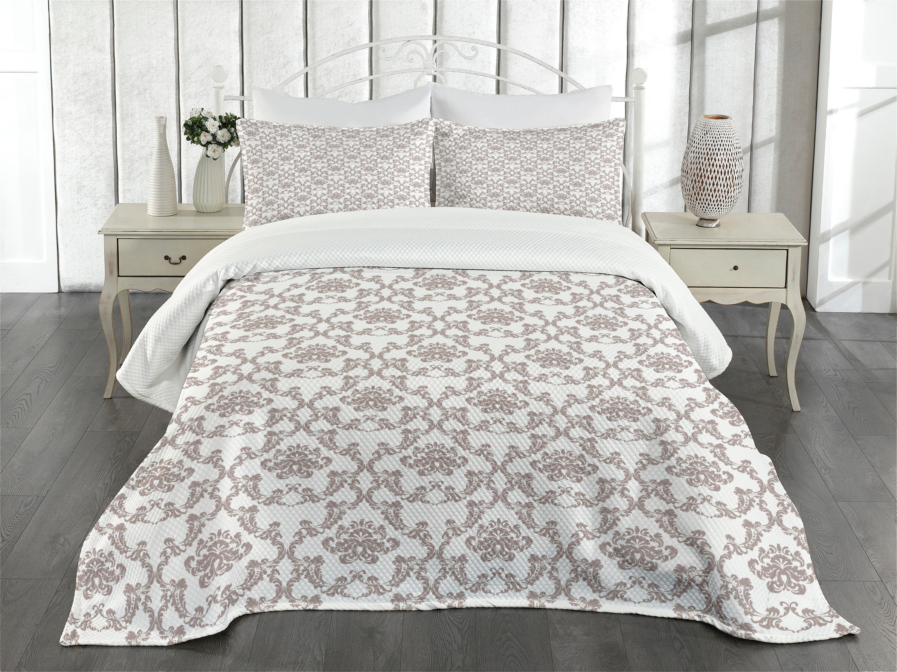 Taupe Bedspread Set Queen Size, French Style Curvy Damask Pattern