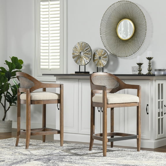 Taupe Beige Textured Weave Stool With Cane Back. Handmade Solid Oak. Mid-back Seat Foam, Relax. Modern Design Insertion Backed Stool. Oak For Durability.