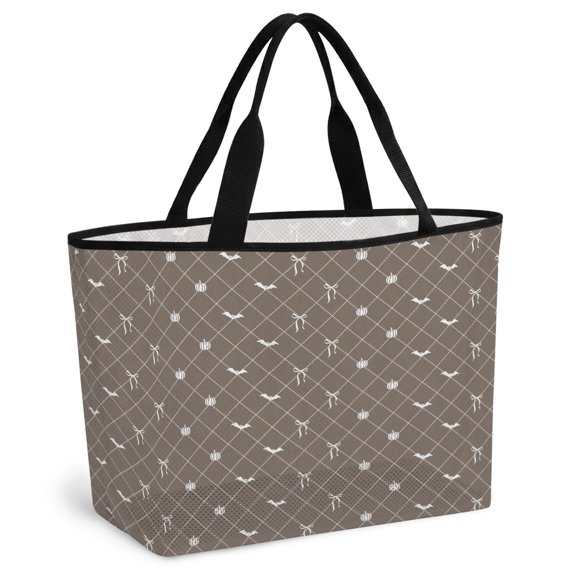 Taupe Brown Halloween Beach Bag for Women, Large Breathable Mesh Beach Tote Bag, Checkered Bat Bow Sandproof Lightweight Travel Bags for Vacation Picnic Swimming Pool 15.7"x15.7"x9.1"