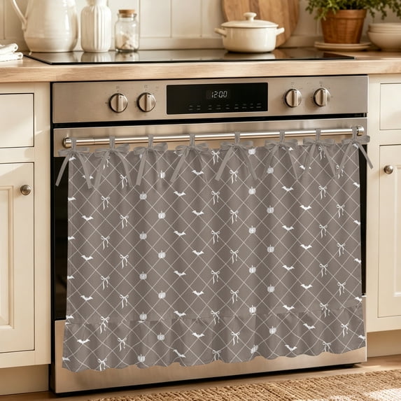 Taupe Brown Halloween Oven Skirt for Farmhouse Kitchen Décor, Checkered Bat Bow Oven Curtain Tie Top Decorative Stove Skirt, Cabinet Dish Washer Curtains with 8 Ribbon Ties 32"x24"