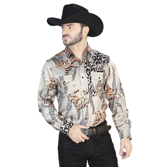 Men's Taupe Print Casual Long Sleeve Western Shirt 'El Señor de los Cielos' 44102